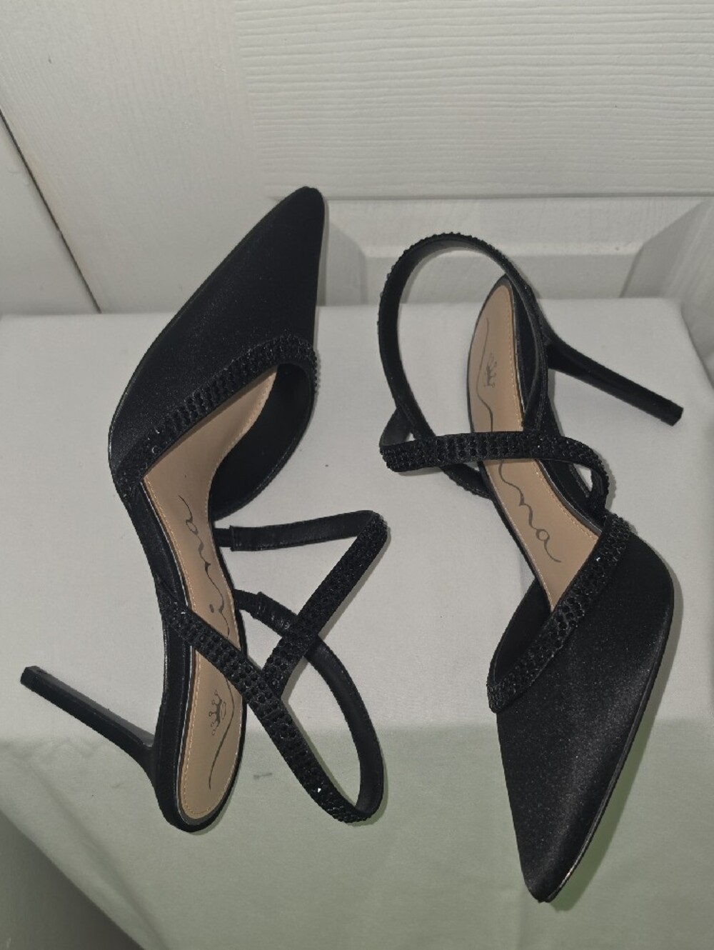 Nina Black Crystal-Strap Pointed Stiletto Heels